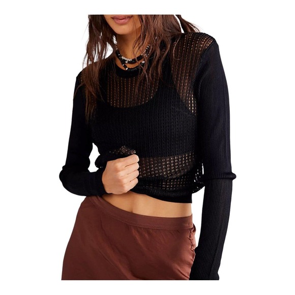 Free People Semi Sheer H2O Sweater Black Medium New - Picture 2 of 11